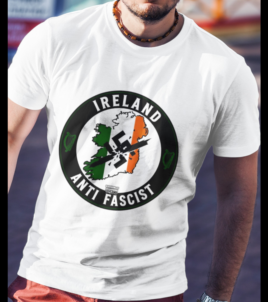 Ireland Anti Fascist Map Design With Tri Color Stripes And Crossed Out T-Shirt