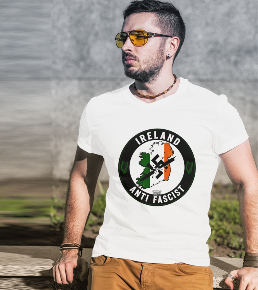Ireland Anti Fascist Map Design With Tri Color Stripes And Crossed Out T-Shirt