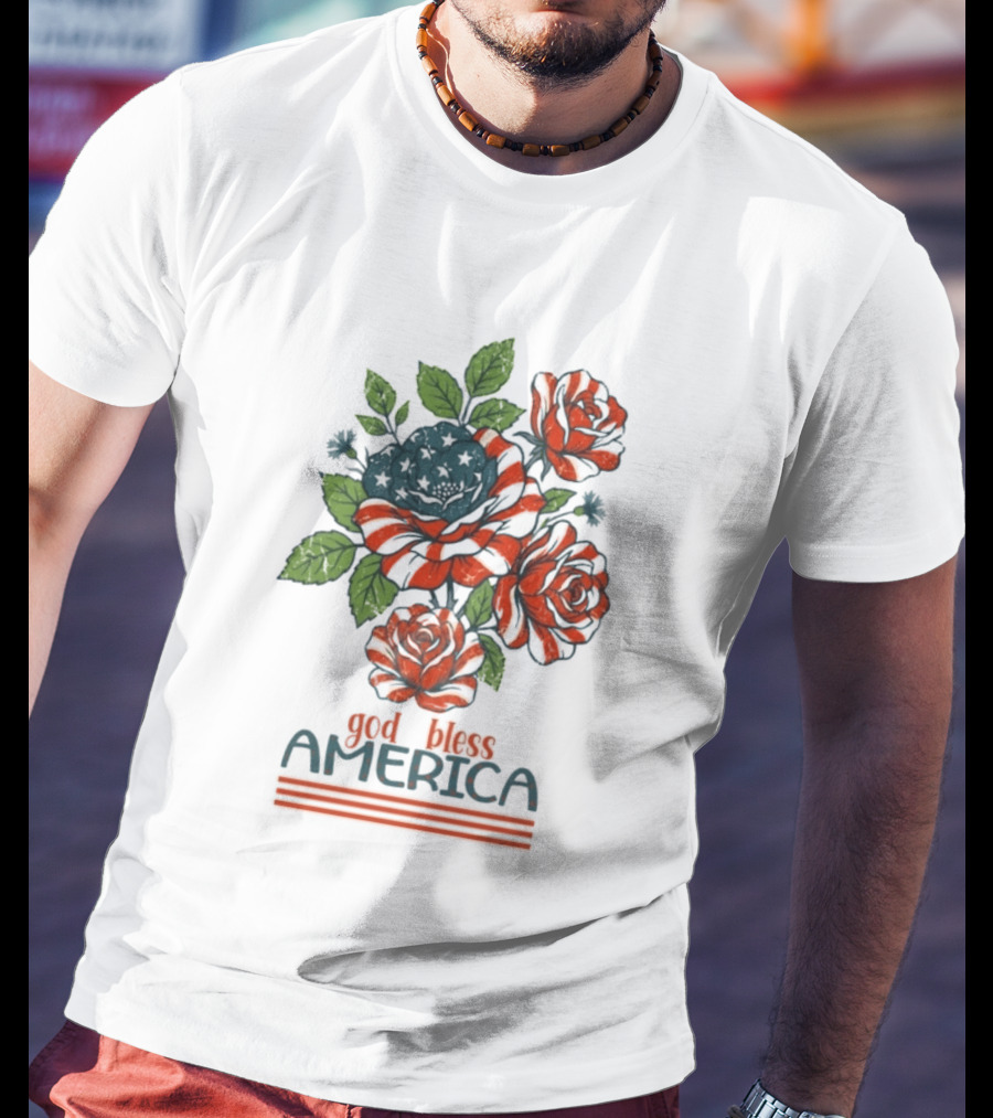 Patriotic Floral God Bless America Roses With Red White Blue Stripes T-Shirt