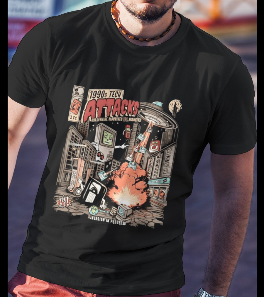 1990s Tech Attacks Millennial Machines Vs Mankind Invasion In Progress Y2K 2.0 T-Shirt