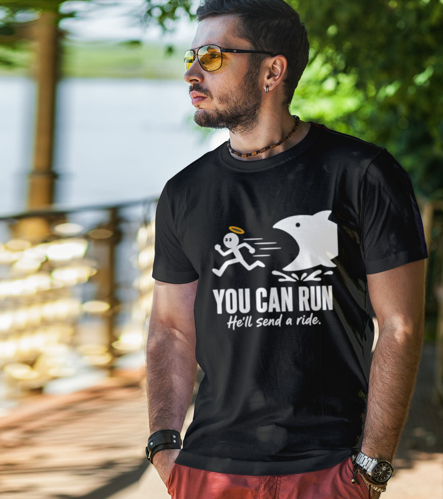Angel Fleeing Shark You Can Run He'll Send A Ride Humor T-Shirt