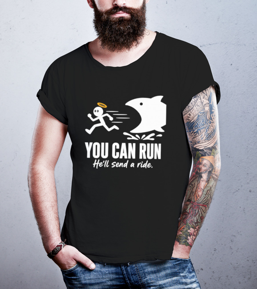 Angel Fleeing Shark You Can Run He'll Send A Ride Humor T-Shirt