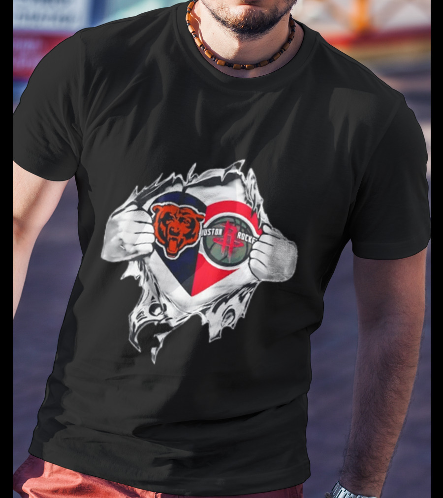 Chicago Bears Houston Rockets Ripped Chest Duo Logo Fan Gear T-Shirt