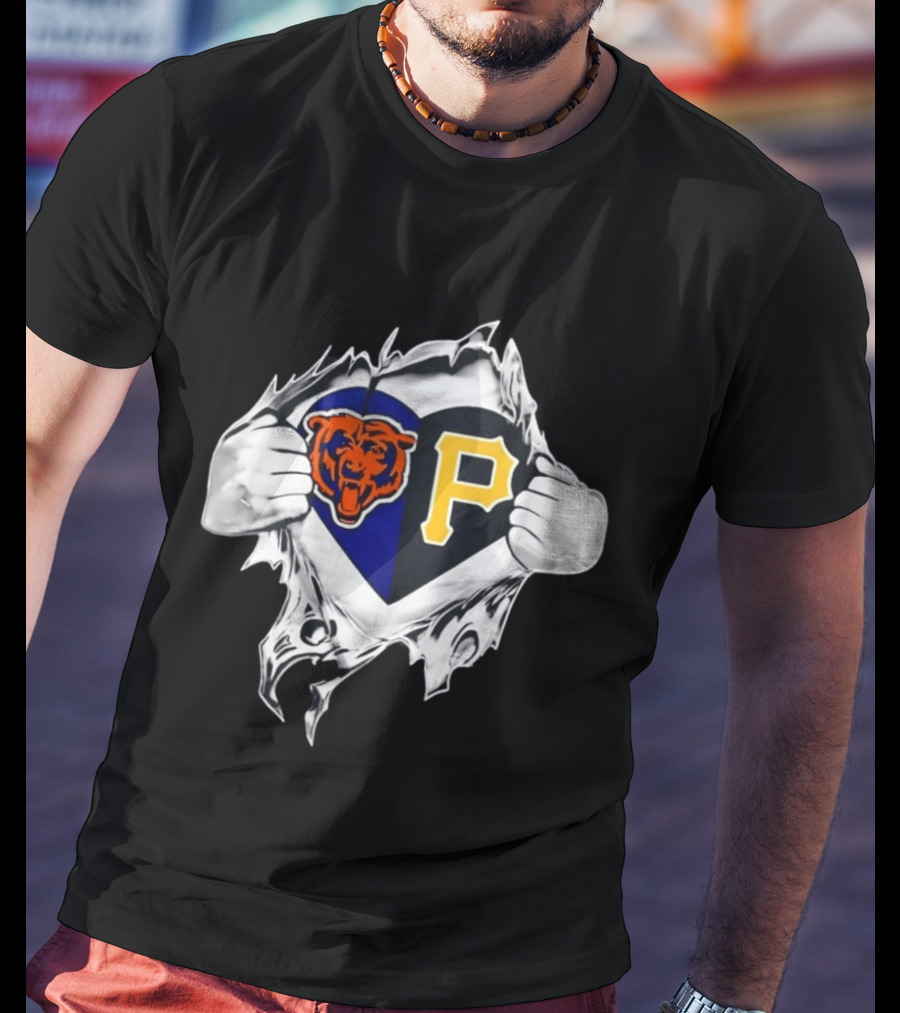 Chicago Bears Pittsburgh Pirates Heart Ripped Open Dual Team Loyalty T-Shirt