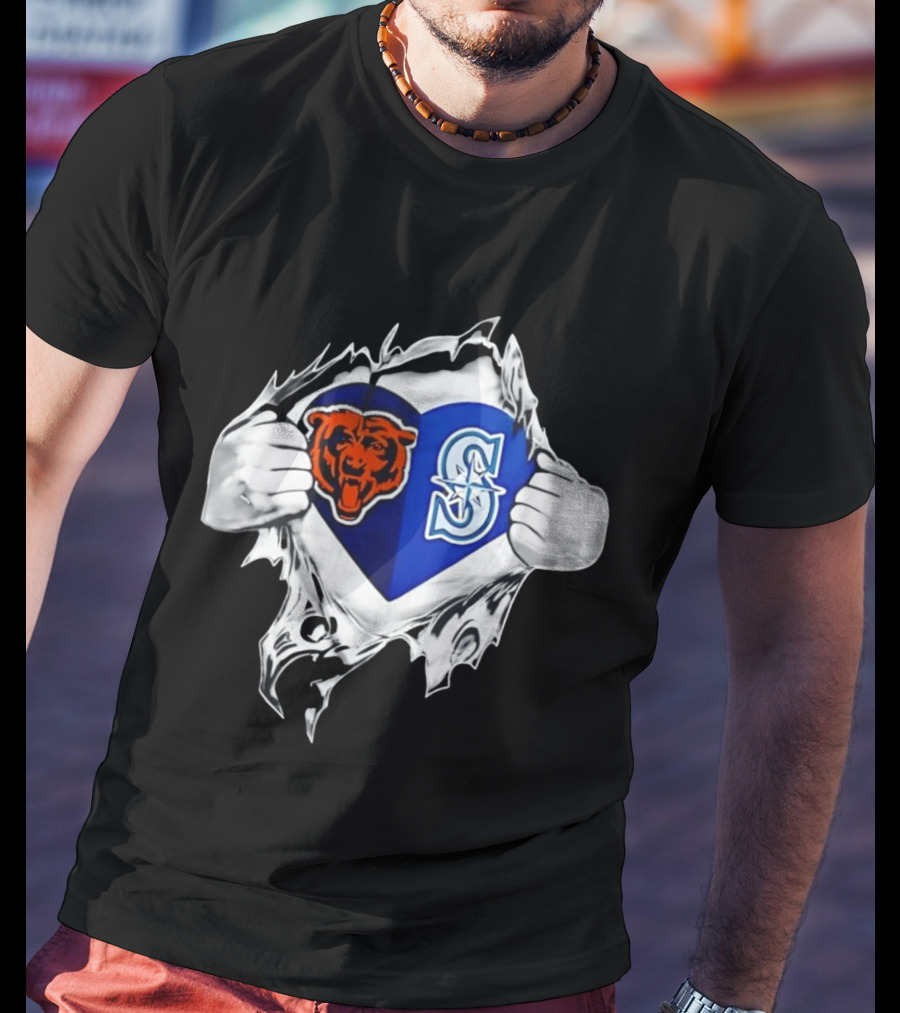 Chicago Bears Seattle Mariners Heart Ripping Through Chest Sports Fan T-Shirt