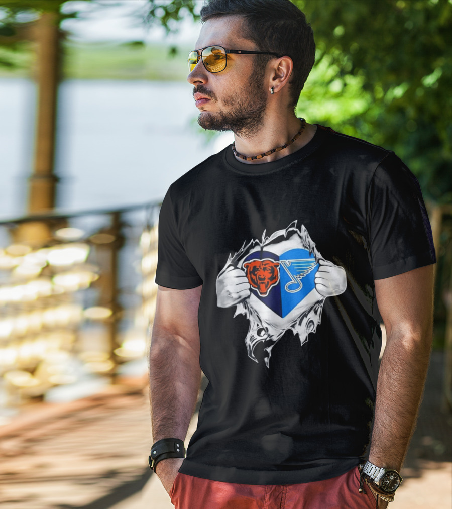 Chicago Bears St Louis Blues Heart Ripping Open Chest Fans Passion Fusion T-Shirt