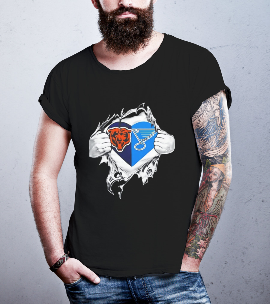 Chicago Bears St Louis Blues Heart Ripping Open Chest Fans Passion Fusion T-Shirt