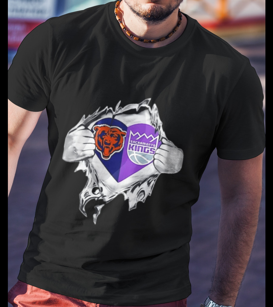 Heart Rip Chicago Bears Sacramento Kings Fan Logo Combo T-Shirt