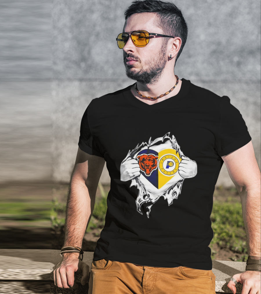 Heart Ripping Open Chicago Bears Indiana Pacers Fans Dual Team Loyalty T-Shirt