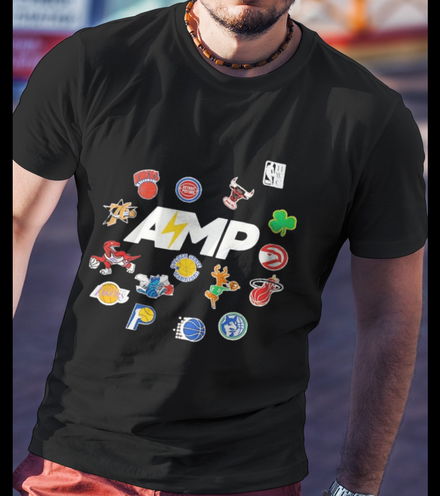 AMP Knicks Pistons Bulls 76ers Warriors Bucks Heat Lakers Hornets Pacers Raptors Mavericks Celtics Hawks T-Shirt