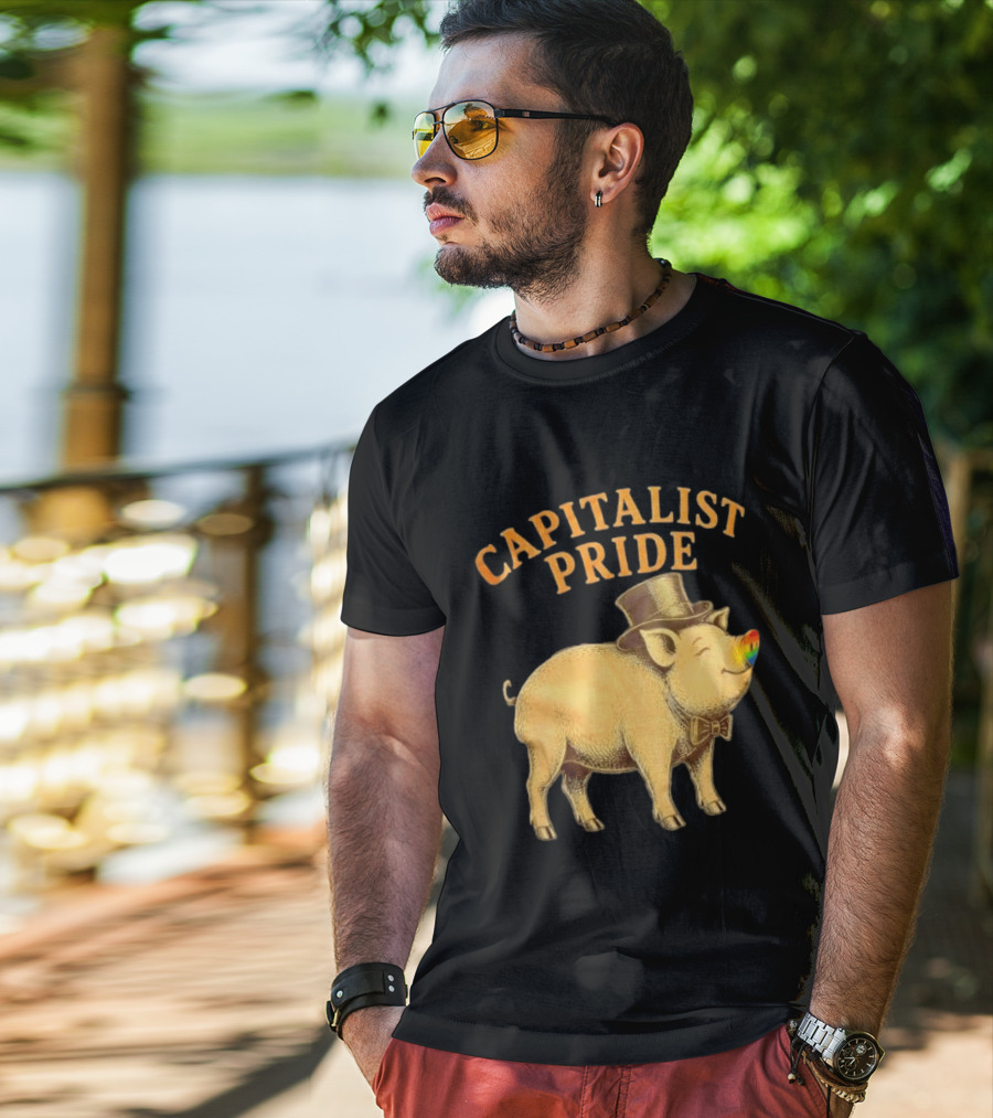 Capitalist Pride Pig With Rainbow Nose And Top Hat Bow Tie T-Shirt