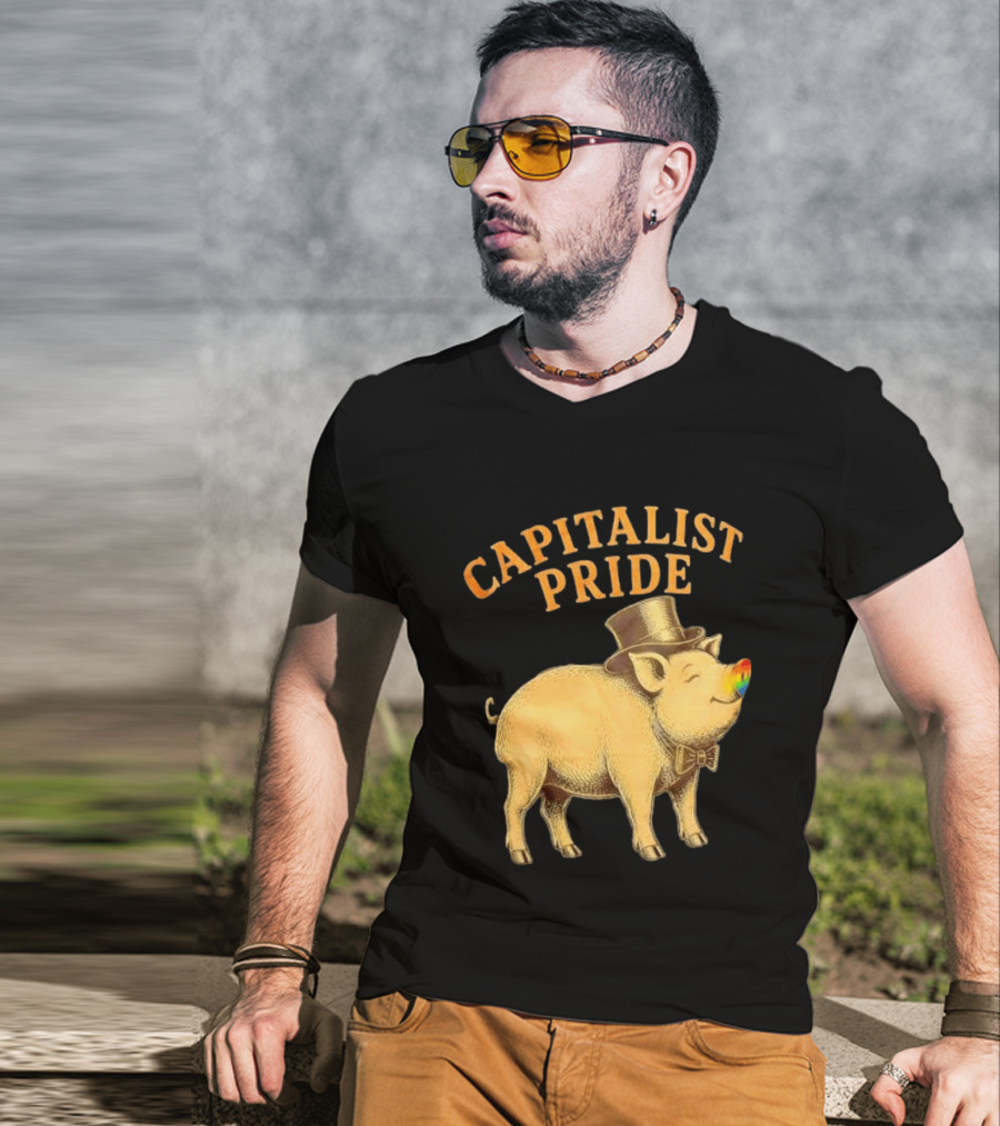 Capitalist Pride Pig With Rainbow Nose And Top Hat Bow Tie T-Shirt