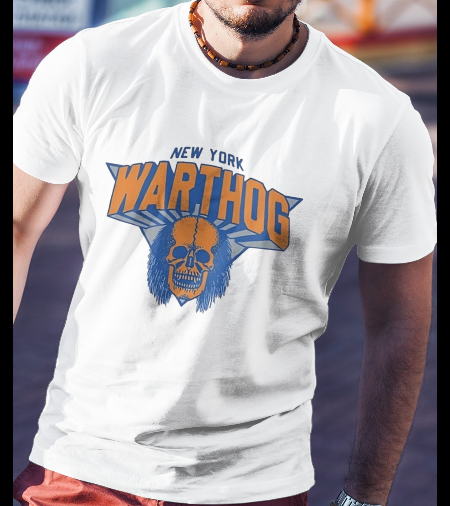 New York Warthog Skull Graphic Blue Orange T-Shirt