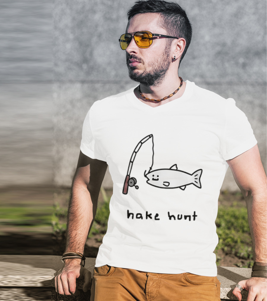 Hake Hunt Fishing Doodle Drawing T-Shirt