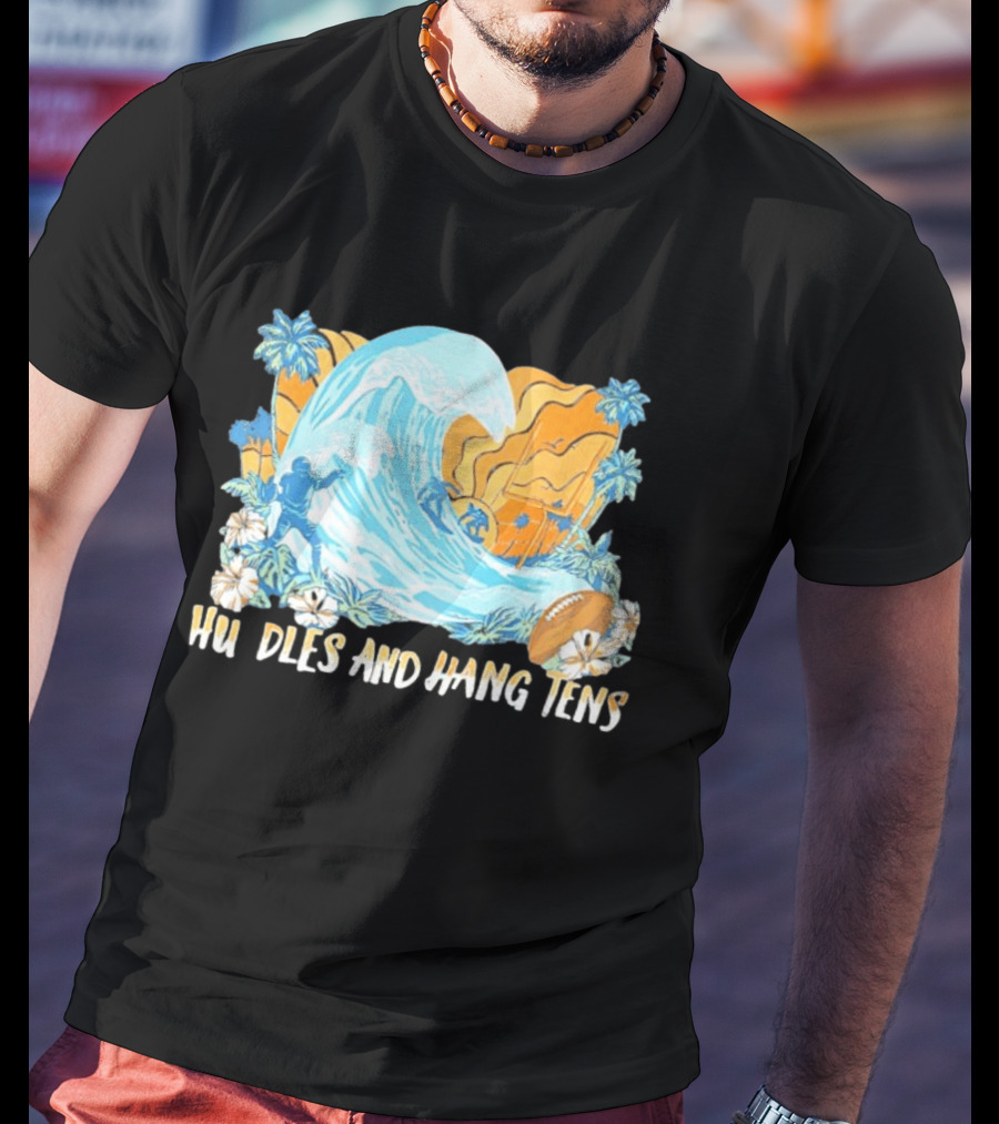 Los Angeles Chargers Tommy Bahama Huddle And Hang Tens Tropical Wave Football Scene T-Shirt