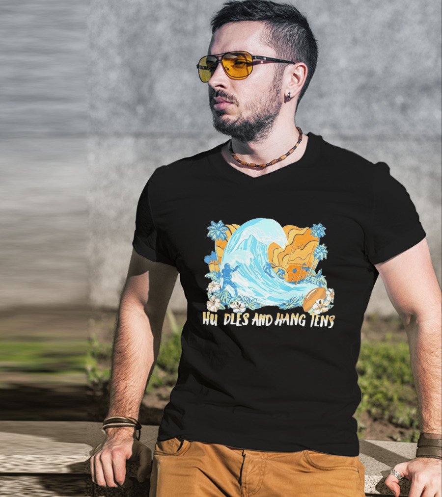 Los Angeles Chargers Tommy Bahama Huddle And Hang Tens Tropical Wave Football Scene T-Shirt