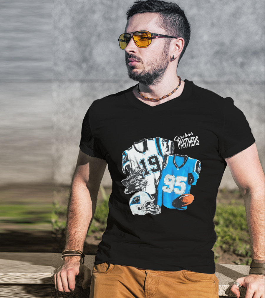 Carolina Panthers 19 95 Jerseys And Helmet With Football T-Shirt