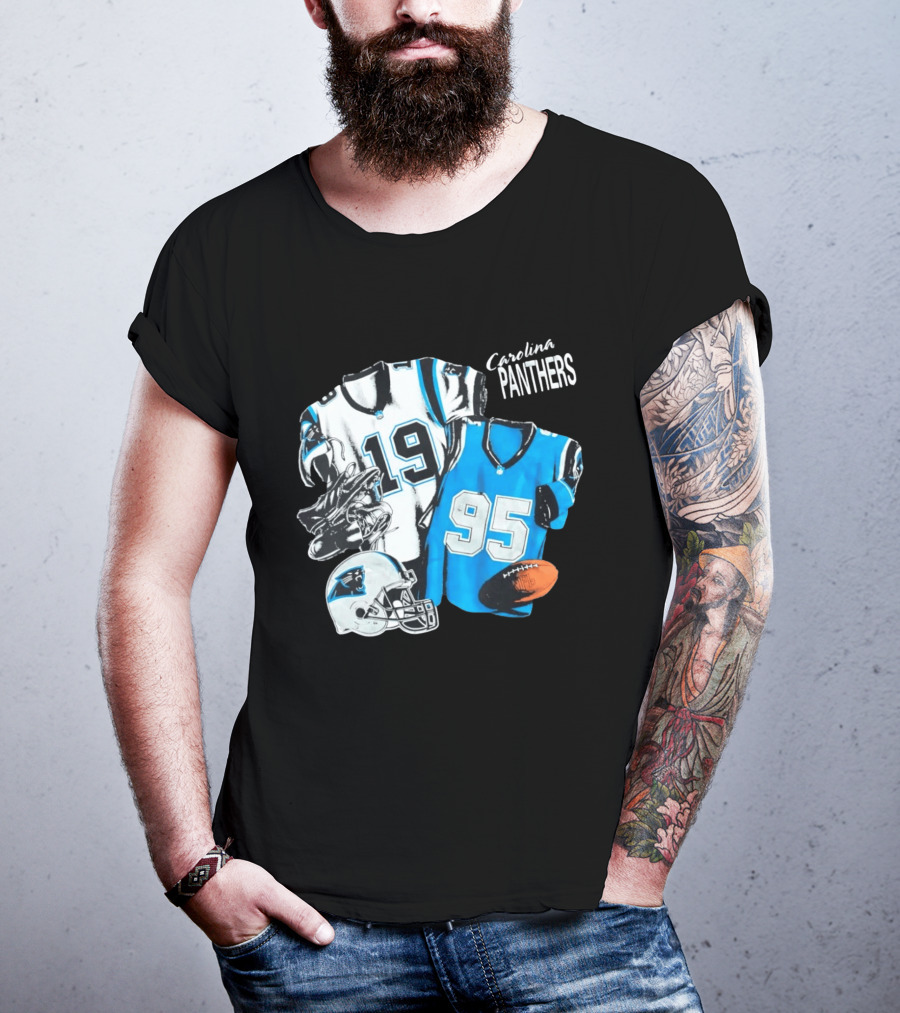 Carolina Panthers 19 95 Jerseys And Helmet With Football T-Shirt