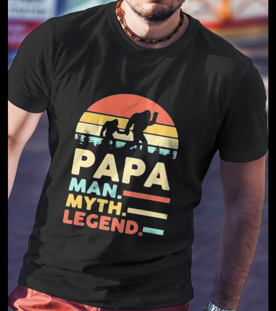 Papa Man Myth Legend Bigfoot Retro Sunset T-Shirt