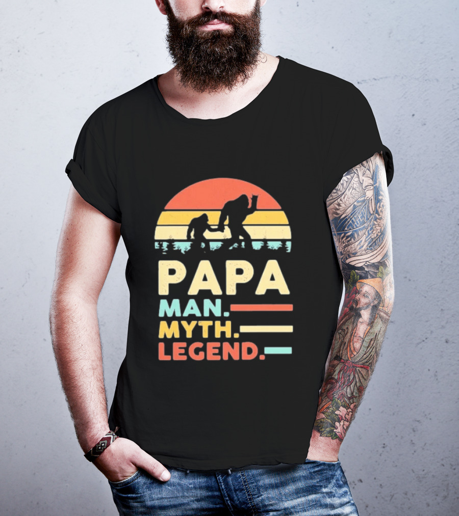 Papa Man Myth Legend Bigfoot Retro Sunset T-Shirt