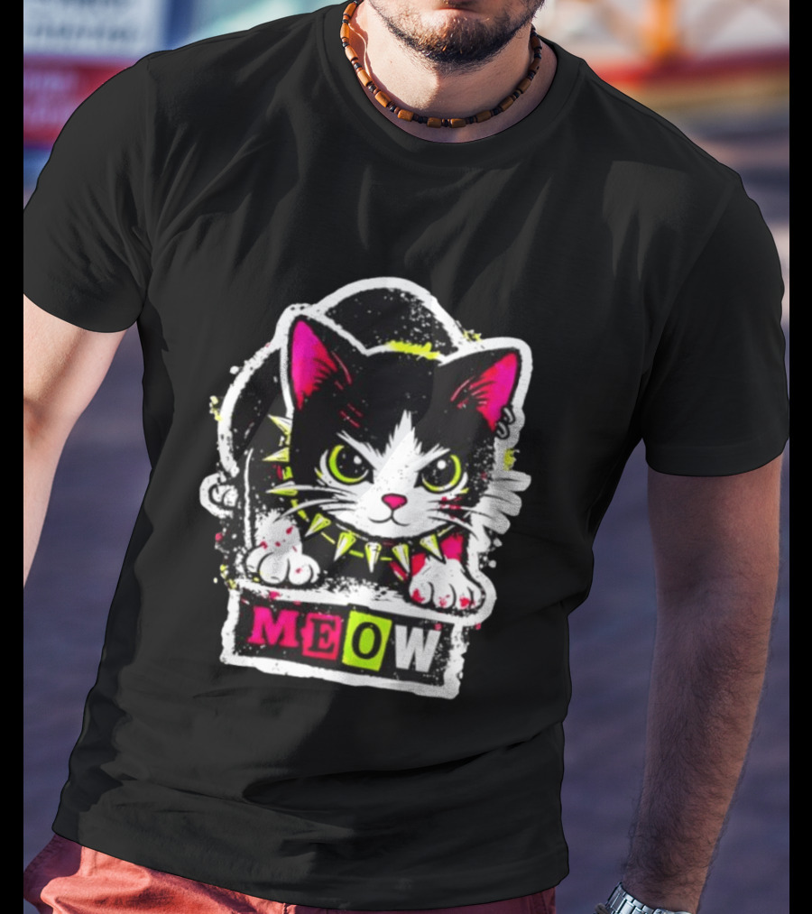 Punk Rock Cat Studded Collar Meow For Music Fans And Cat Lovers T-Shirt