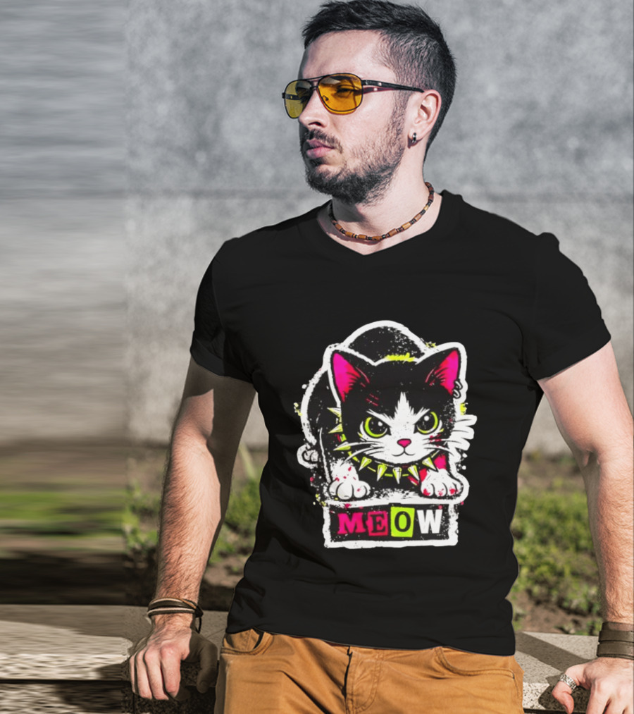 Punk Rock Cat Studded Collar Meow For Music Fans And Cat Lovers T-Shirt