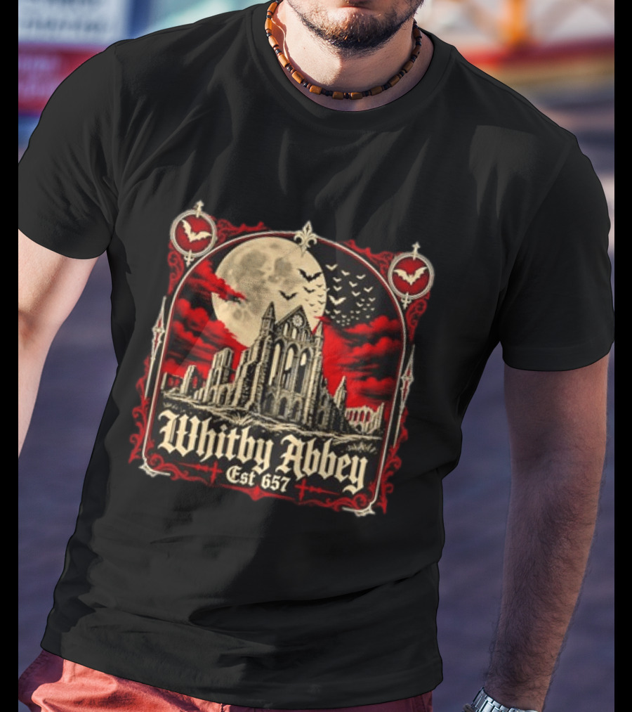 Whitby Abbey Gothic North Yorkshire England Est 657 Moon Bats T-Shirt