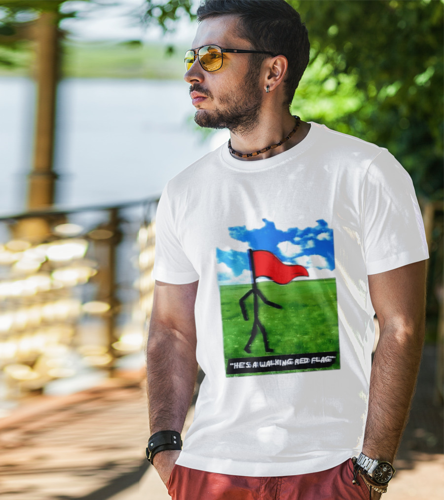 Stick Figure With Red Flag Walking In Field With Blue Sky T-Shirt