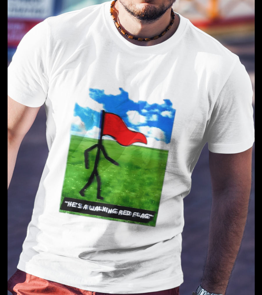 Stick Figure With Red Flag Walking In Field With Blue Sky T-Shirt