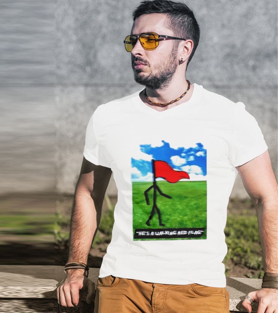 Stick Figure With Red Flag Walking In Field With Blue Sky T-Shirt