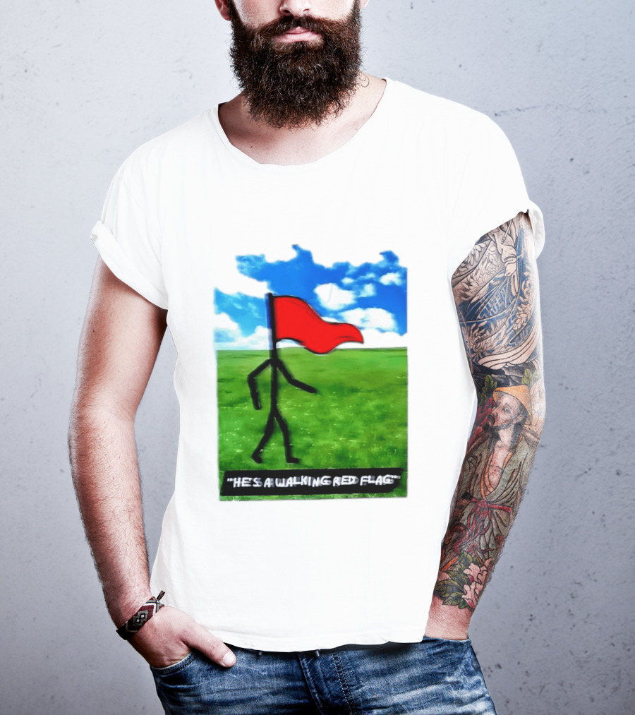 Stick Figure With Red Flag Walking In Field With Blue Sky T-Shirt