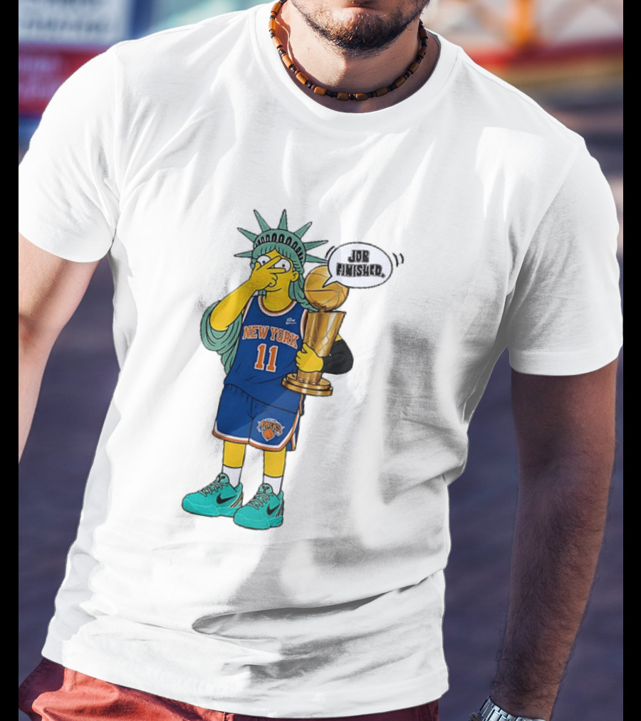 Statue Of Liberty Simpsons Jalen Brunson Hug Trophy New York Knicks Job Finished 2026 NBA Championship T-Shirt
