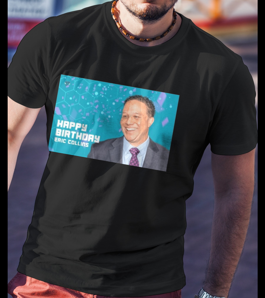 Happy 57th Birthday Eric Collins Celebration With Smiling Man And Turquoise Hexagonal T-Shirt