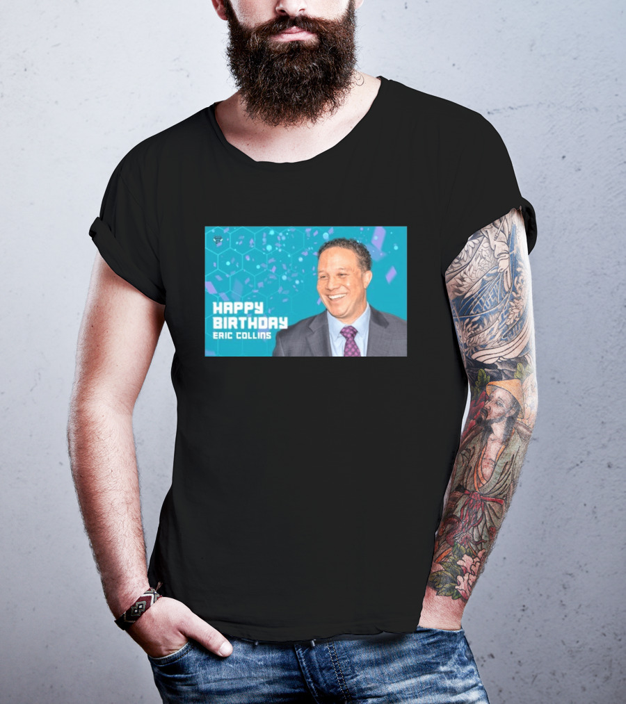 Happy 57th Birthday Eric Collins Celebration With Smiling Man And Turquoise Hexagonal T-Shirt