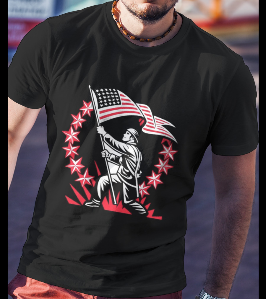American Soldier Raising Flag USA Pride Patriotic Stars T-Shirt