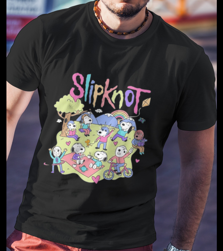 Snoopy Peanuts Characters Playing In Park With Slipknot T-Shirt