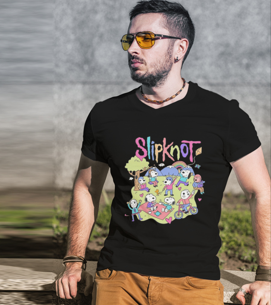 Snoopy Peanuts Characters Playing In Park With Slipknot T-Shirt
