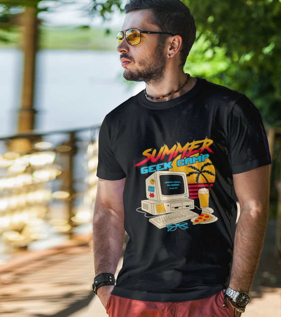 Summer Geek Camp Retro Computer Pizza And Palm Vibes T-Shirt