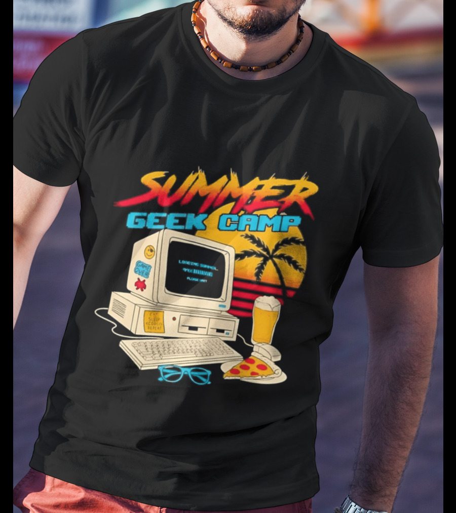 Summer Geek Camp Retro Computer Pizza And Palm Vibes T-Shirt