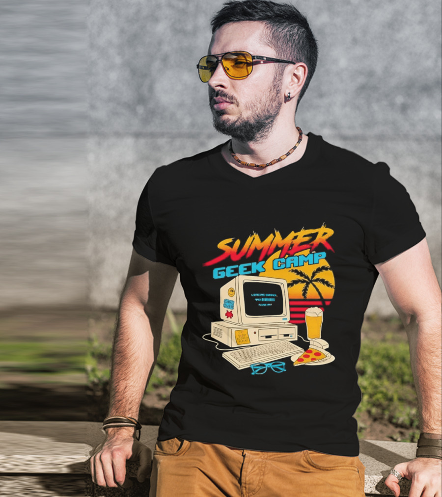 Summer Geek Camp Retro Computer Pizza And Palm Vibes T-Shirt