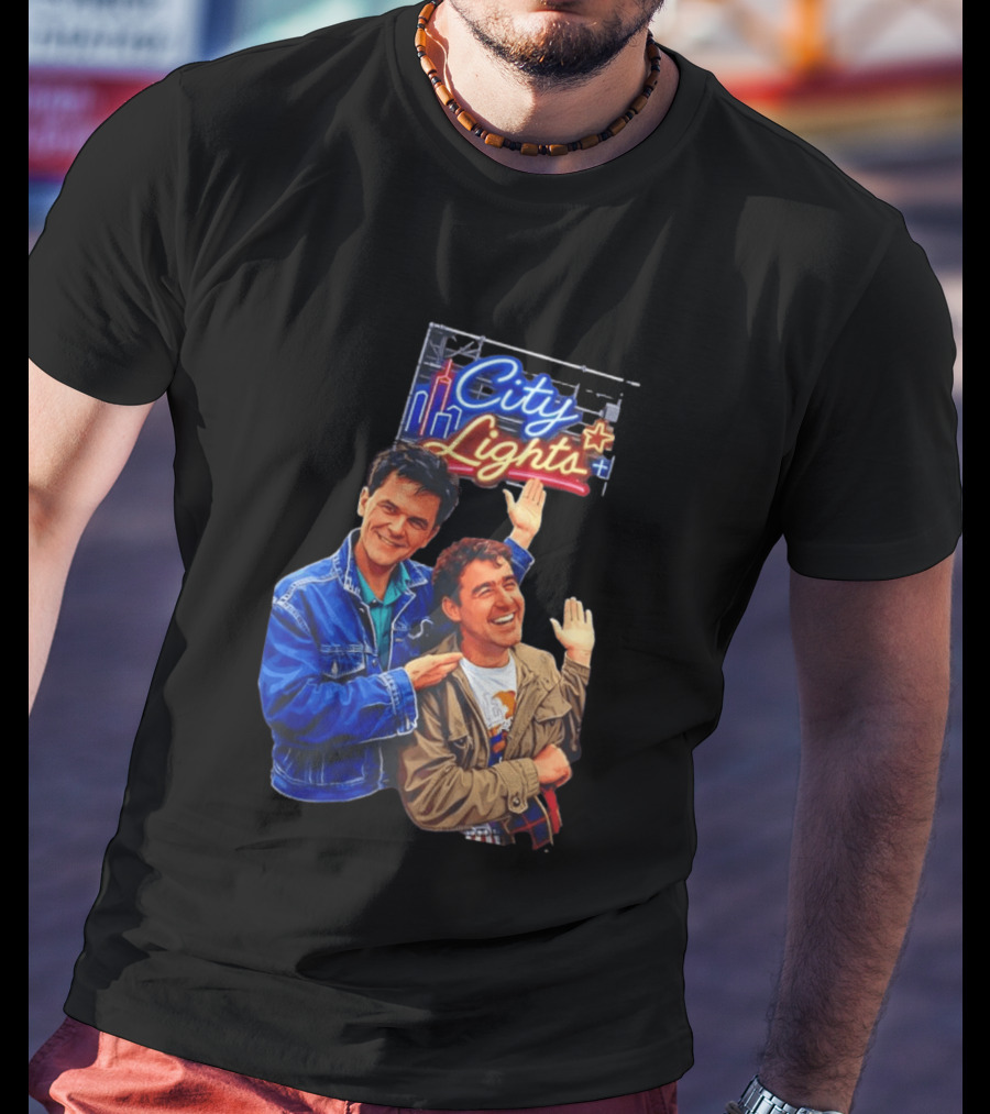 Two Men Smiling And Waving City Lights Neon Sign T-Shirt
