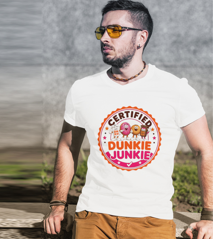 Certified Dunkie Junkie Characters Badge Coffee Donut Fun T-Shirt