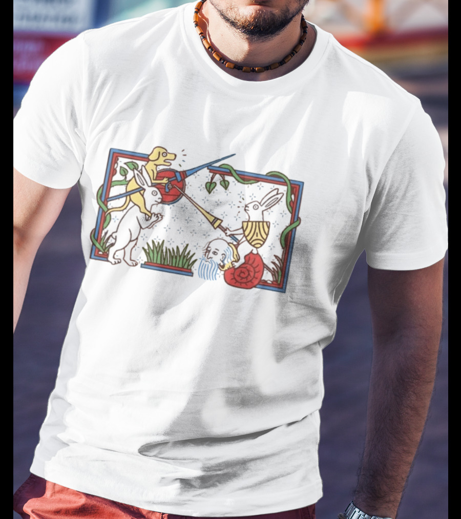 Medieval Dog And Rabbit Jousting Battle Scene With Snail And Sword T-Shirt