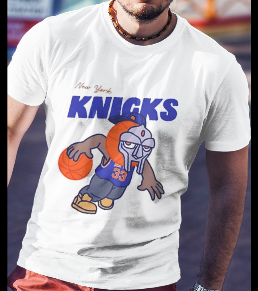 New York Knicks MF DOOM Basketball Mask Number 33 Dribbling T-Shirt