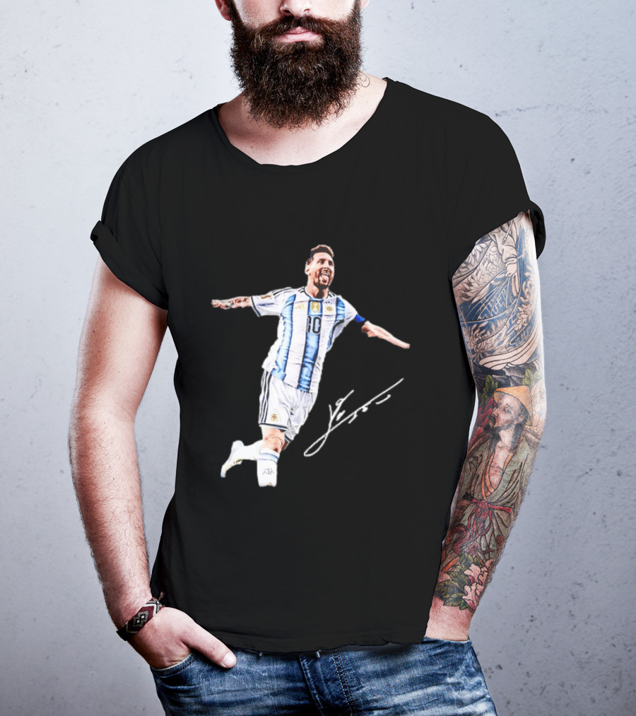 Lionel Messi 10 Argentina Jersey Signature Soccer Legend Celebration T-Shirt
