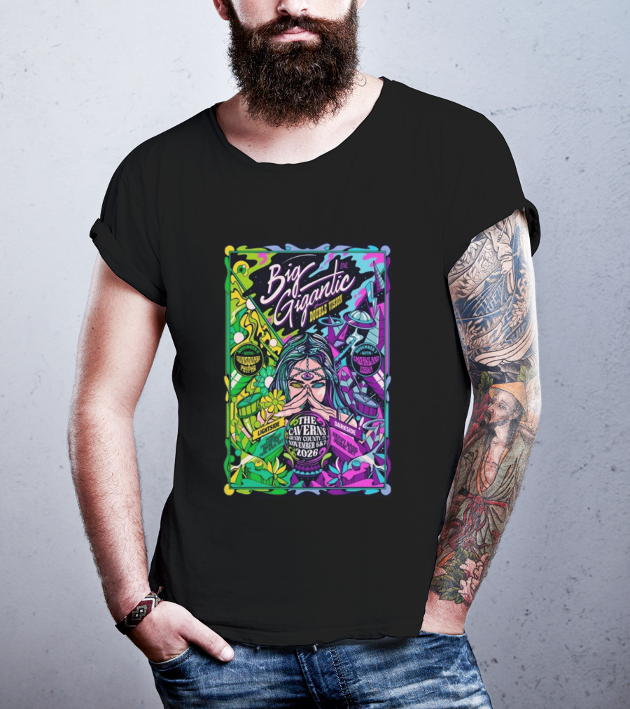 Big Gigantic Double Vision Live Nov 6 7 2026 The Caverns Pelham TN Sunsquabi Phyphr Smokeland Zoska T-Shirt