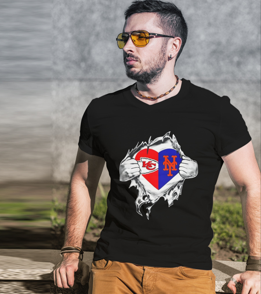 Kansas City Chiefs New York Mets Heart Torn Chest Combo T-Shirt