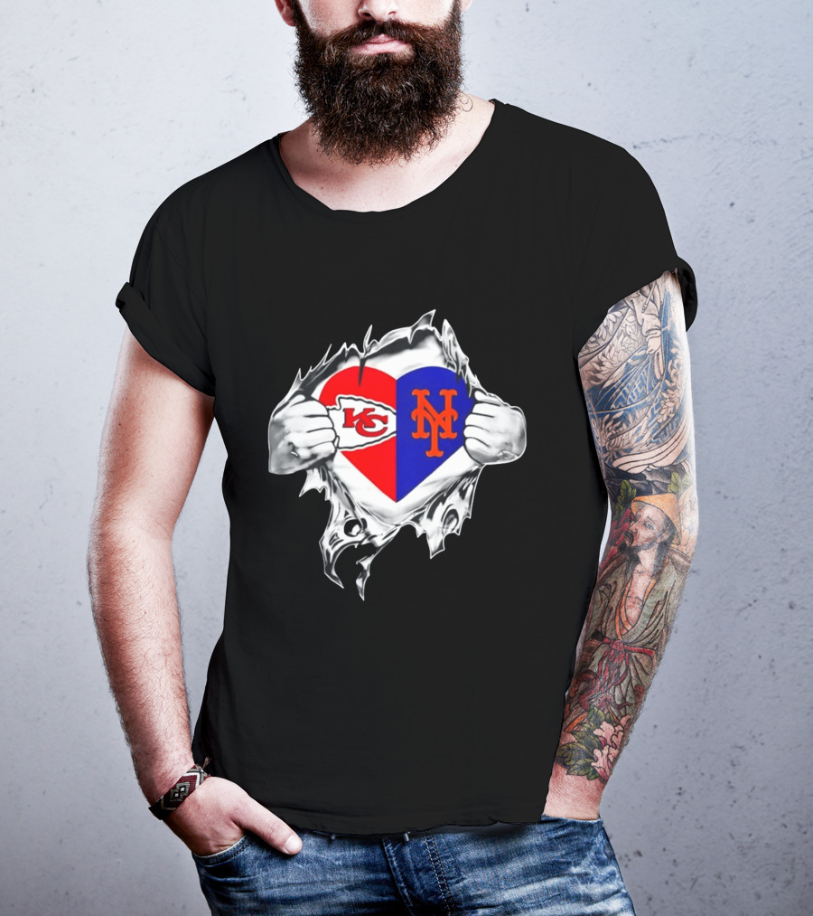 Kansas City Chiefs New York Mets Heart Torn Chest Combo T-Shirt
