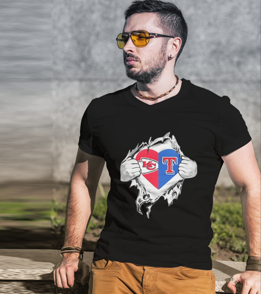Kansas City Chiefs Texas Rangers Heart Rip Open T-Shirt