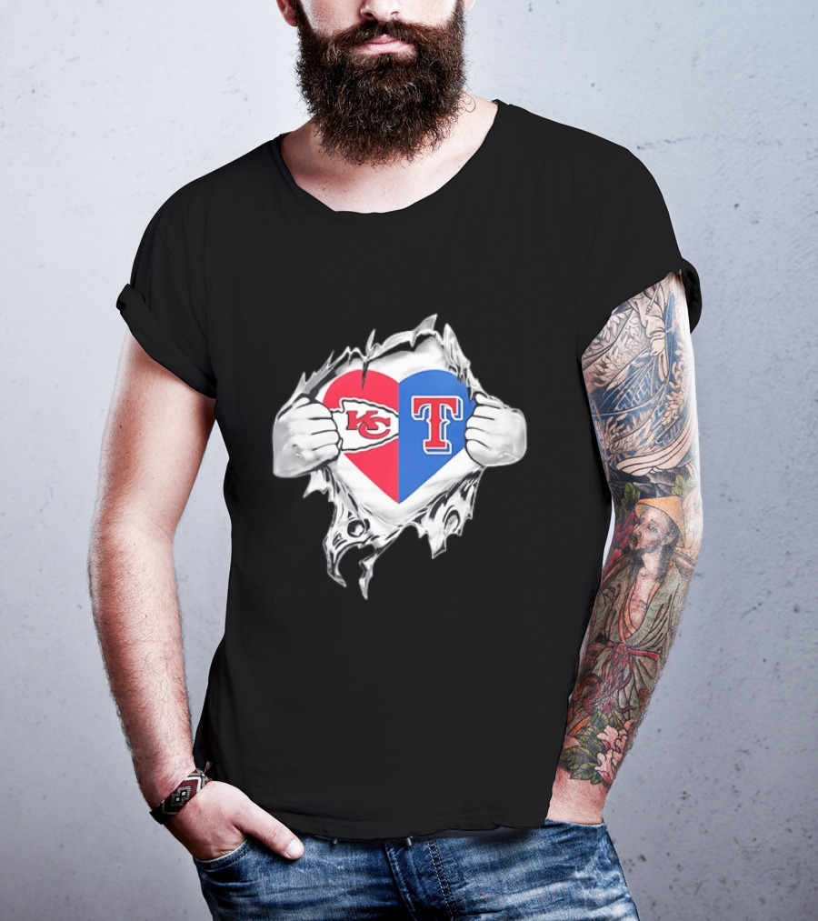 Kansas City Chiefs Texas Rangers Heart Rip Open T-Shirt